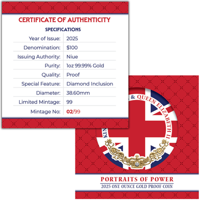 1 oz Gold Coin - Portraits of Power - Elizabeth II & Charles III - with Diamond - 2025