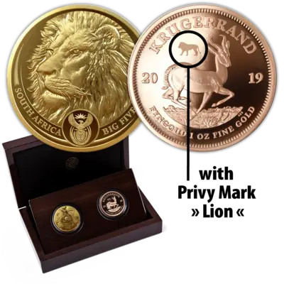 2 oz Gold Coin Set - Big Five I - Lion + Krugerrand with Privy Mark Lion - 2019