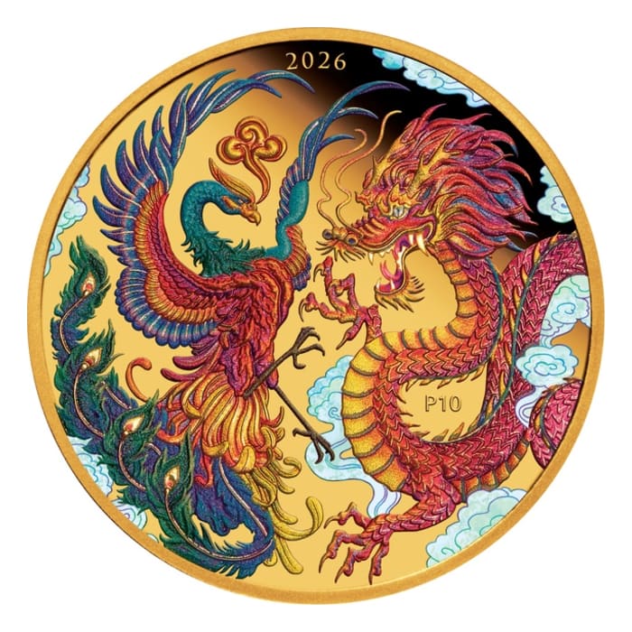 2026 1oz Australia Chinese Myths & Legends 10th Anniversary - Dragon and Phoenix .9999 Gold Coloured Proof Coin