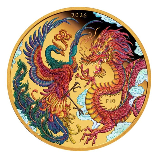 2026 1oz Australia Chinese Myths & Legends 10th Anniversary - Dragon and Phoenix .9999 Gold Coloured Proof Coin