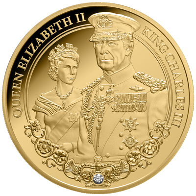 1 oz Gold Coin - Portraits of Power - Elizabeth II & Charles III - with Diamond - 2025