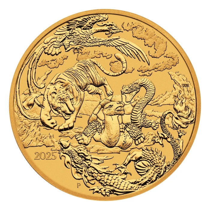 2025 1oz Australia Chinese Myths and Legends - Four Guardians .9999 Gold BU Coin