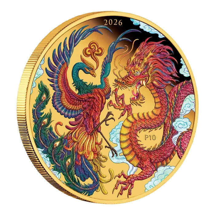 2026 1oz Australia Chinese Myths & Legends 10th Anniversary - Dragon and Phoenix .9999 Gold Coloured Proof Coin