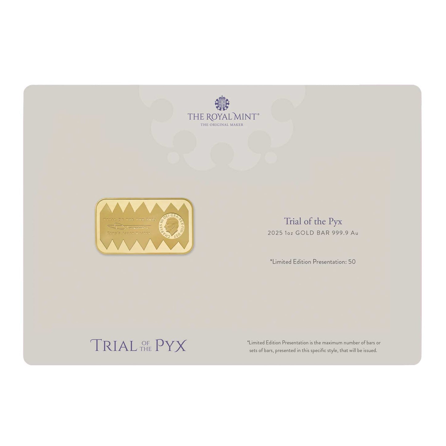 2025 Trial of the Pyx 1oz Gold Bar
Limited Edition 50