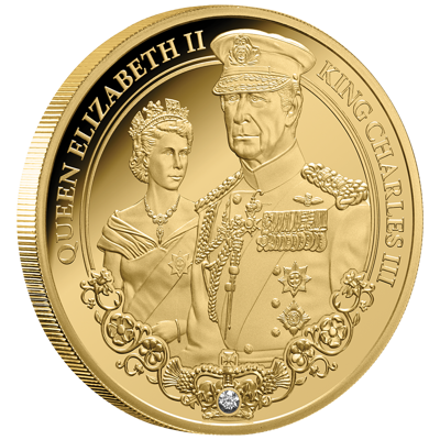 1 oz Gold Coin - Portraits of Power - Elizabeth II & Charles III - with Diamond - 2025