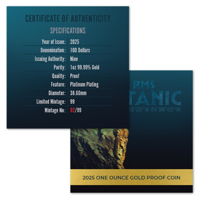 1 oz Gold Coin - RMS Titanic - Platinum Plating - 2025